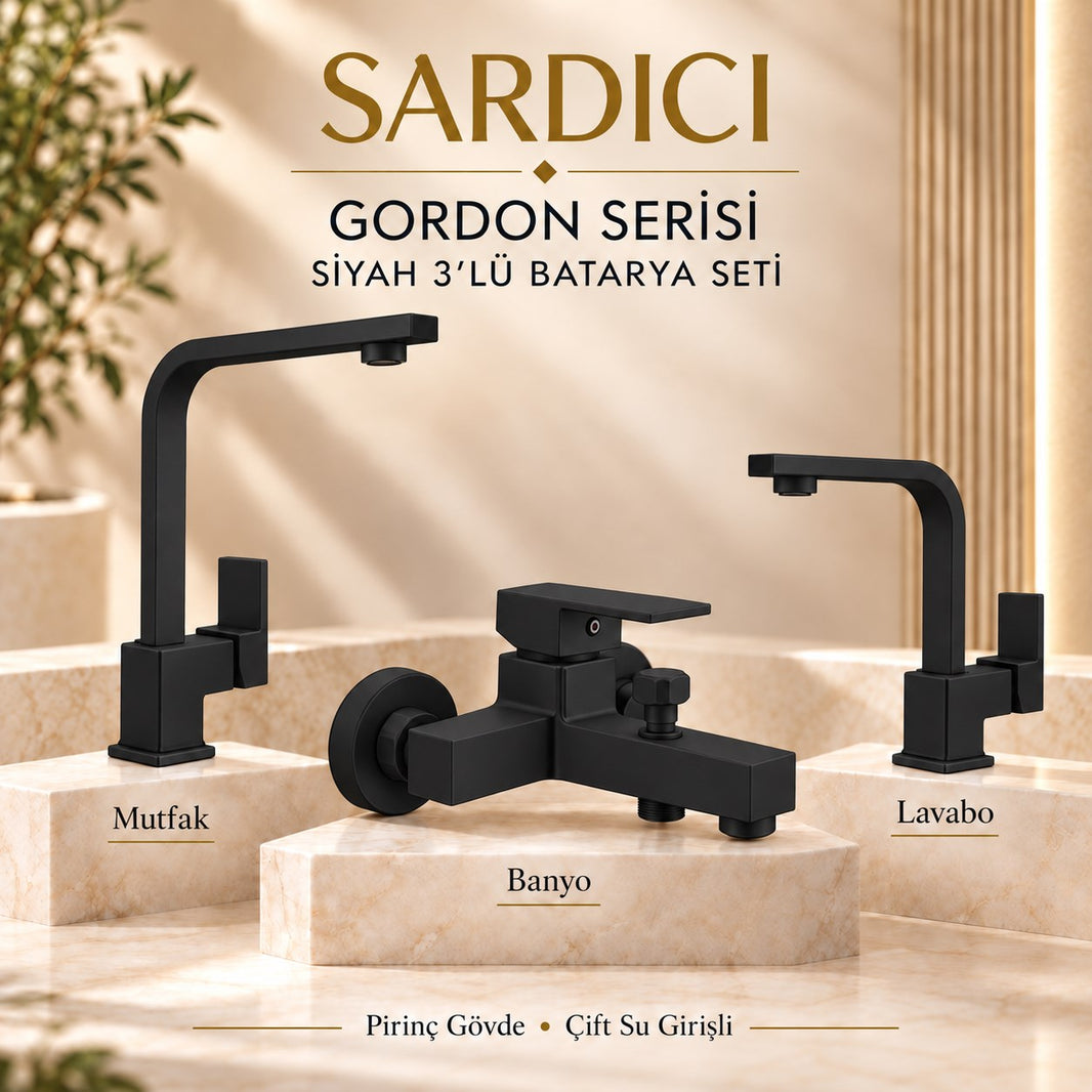 Sardıcı Gordon Mat Siyah 3’lü Mutfak Lavabo Banyo Batarya Seti Dirsek Takımı Dahil