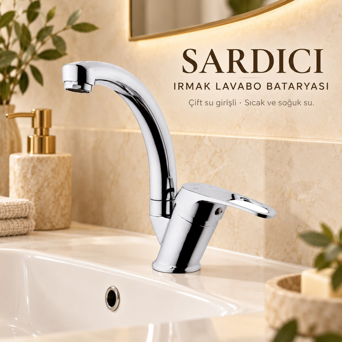 Sardıcı Irmak Krom Kısa Kuğu Lavabo Bataryası Çift Su Girişli 40 cm Hortum ve Montaj Takımı Dahil