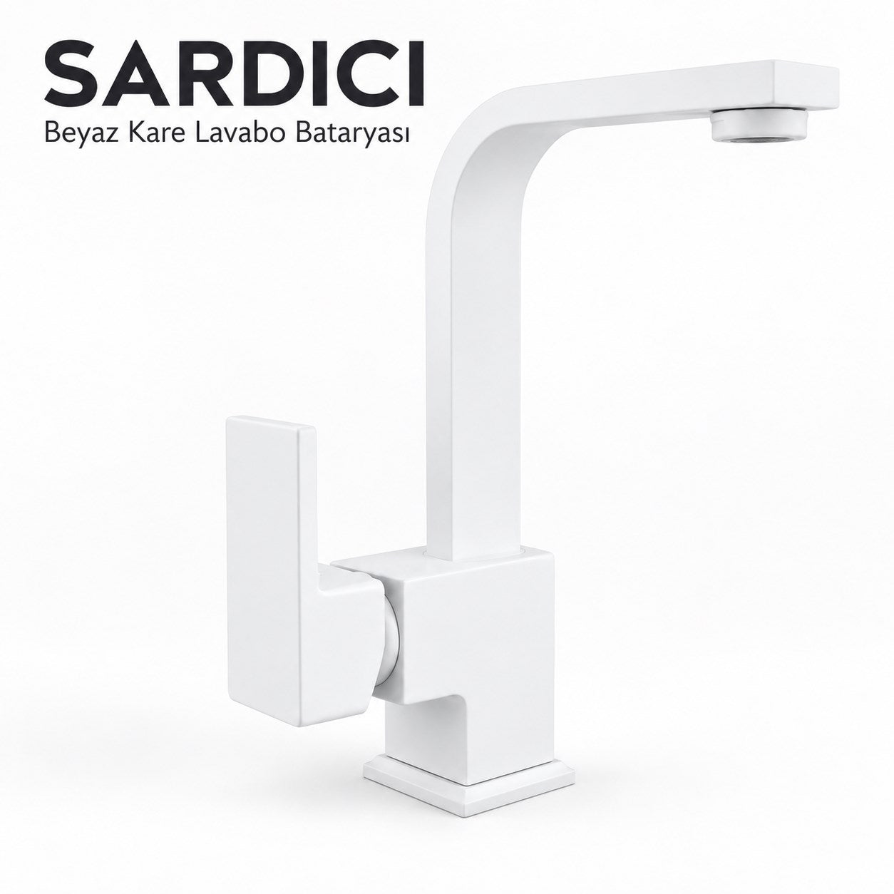 Sardıcı Beyaz Kare Lavabo Bataryası Geniş Kumanda Kollu Çift Su Girişli