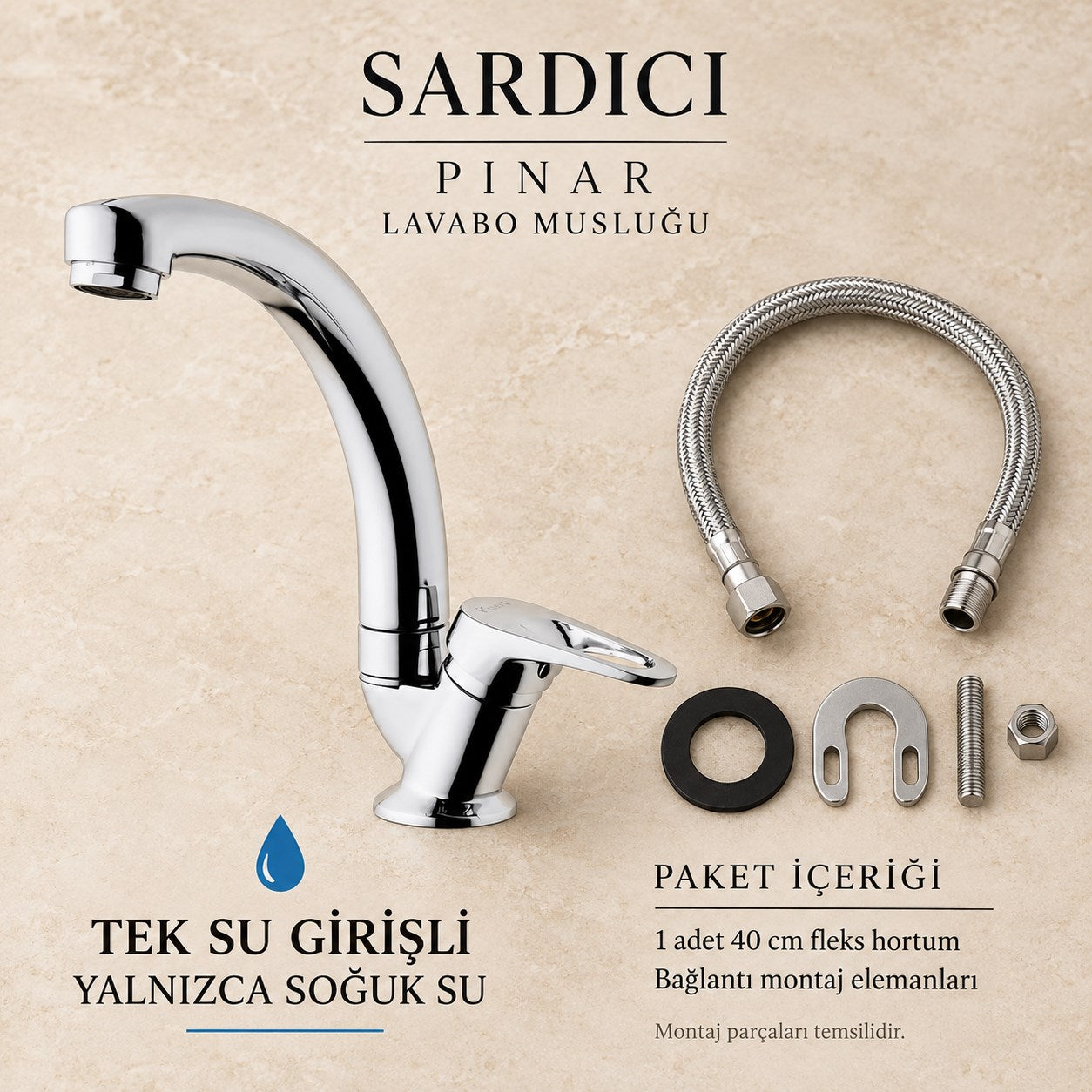 Sardıcı Pınar Krom Lavabo Musluğu Tek Su Girişli Yalnızca Soğuk Su Tam Takım