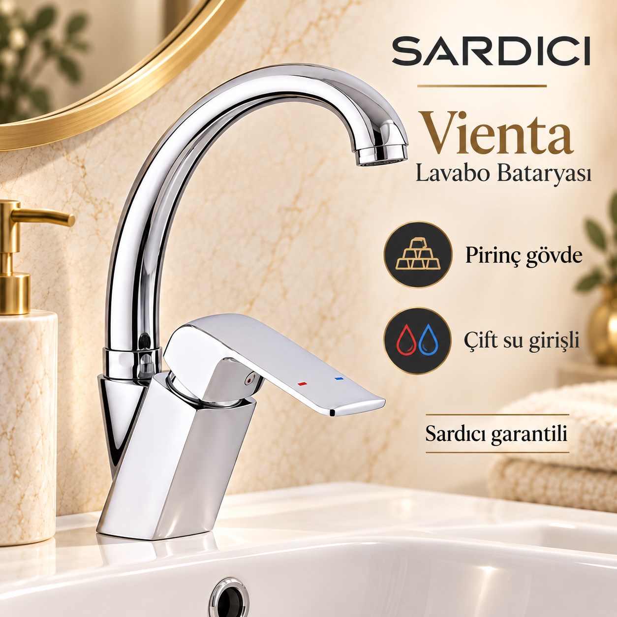 Sardıcı Vienta Lavabo Bataryası Pirinç Gövde Paslanmaz Boru Çift Su Girişli