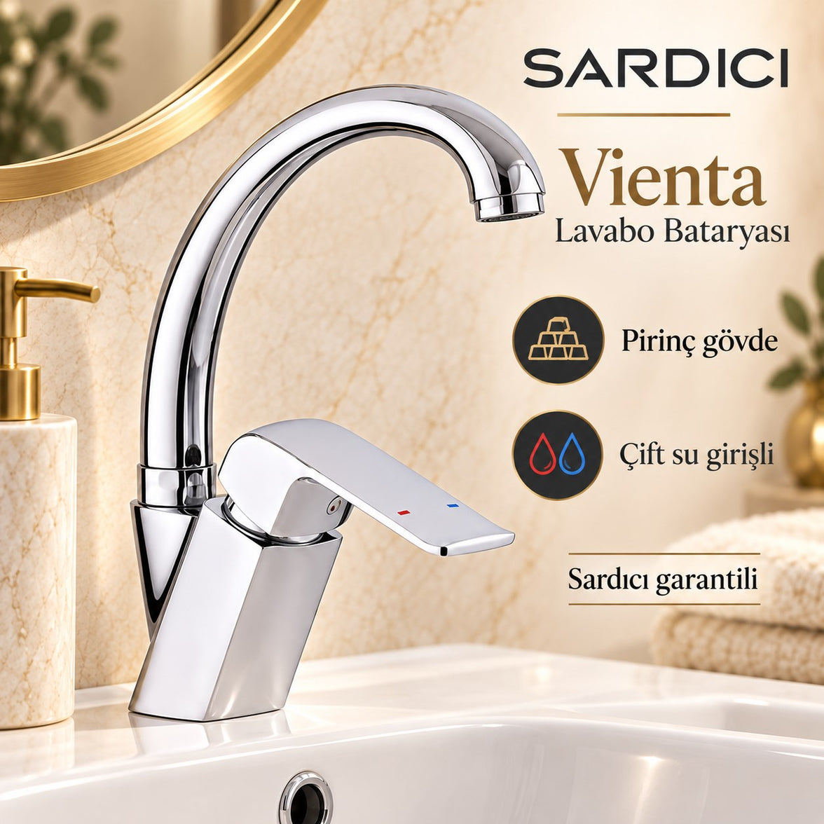 Sardıcı Vienta Lavabo Bataryası Pirinç Gövde Paslanmaz Boru Çift Su Girişli
