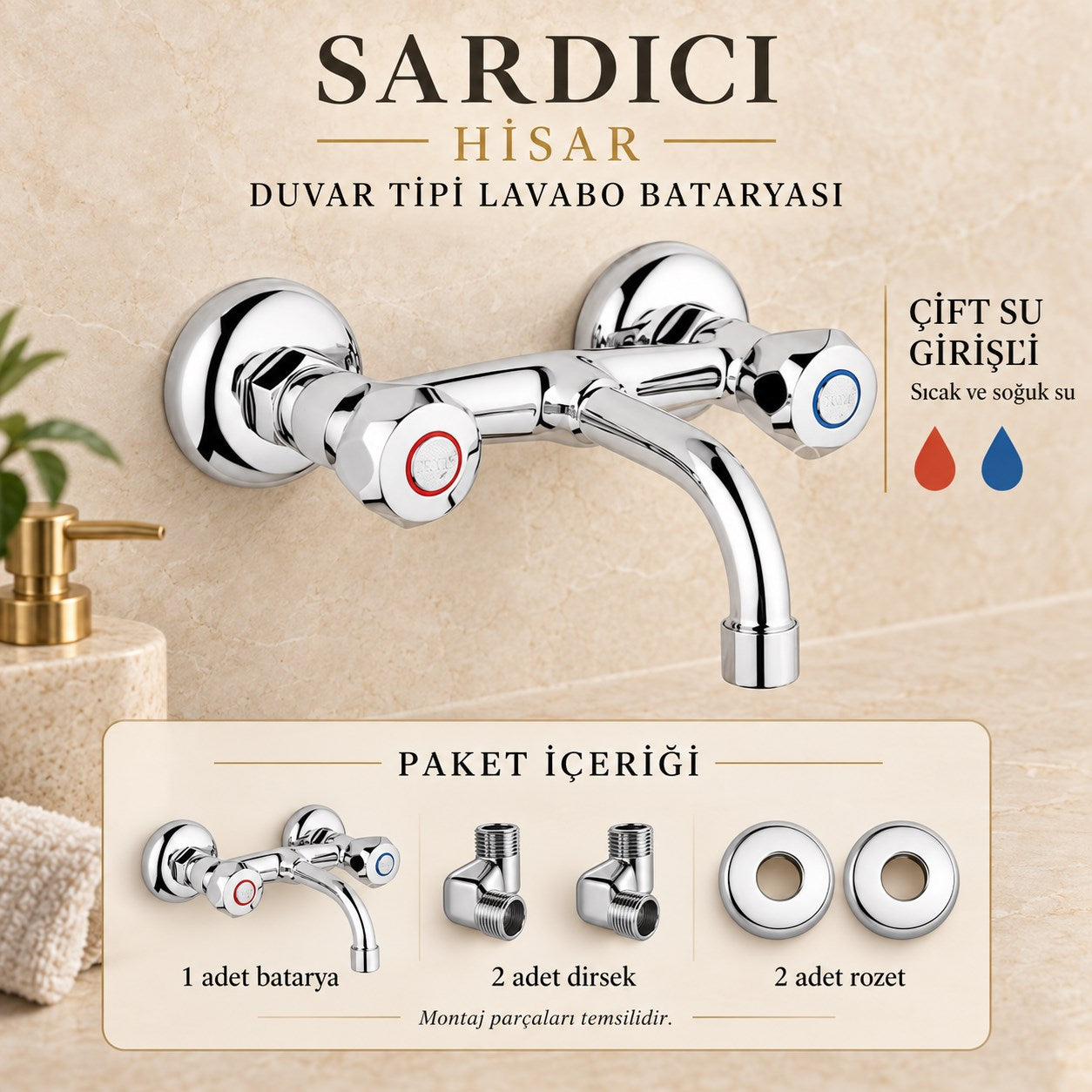 Sardıcı Hisar Krom Duvar Tipi Sabit Lavabo Bataryası Çift Su Girişli Dirsek Rozet Takımı Dahil