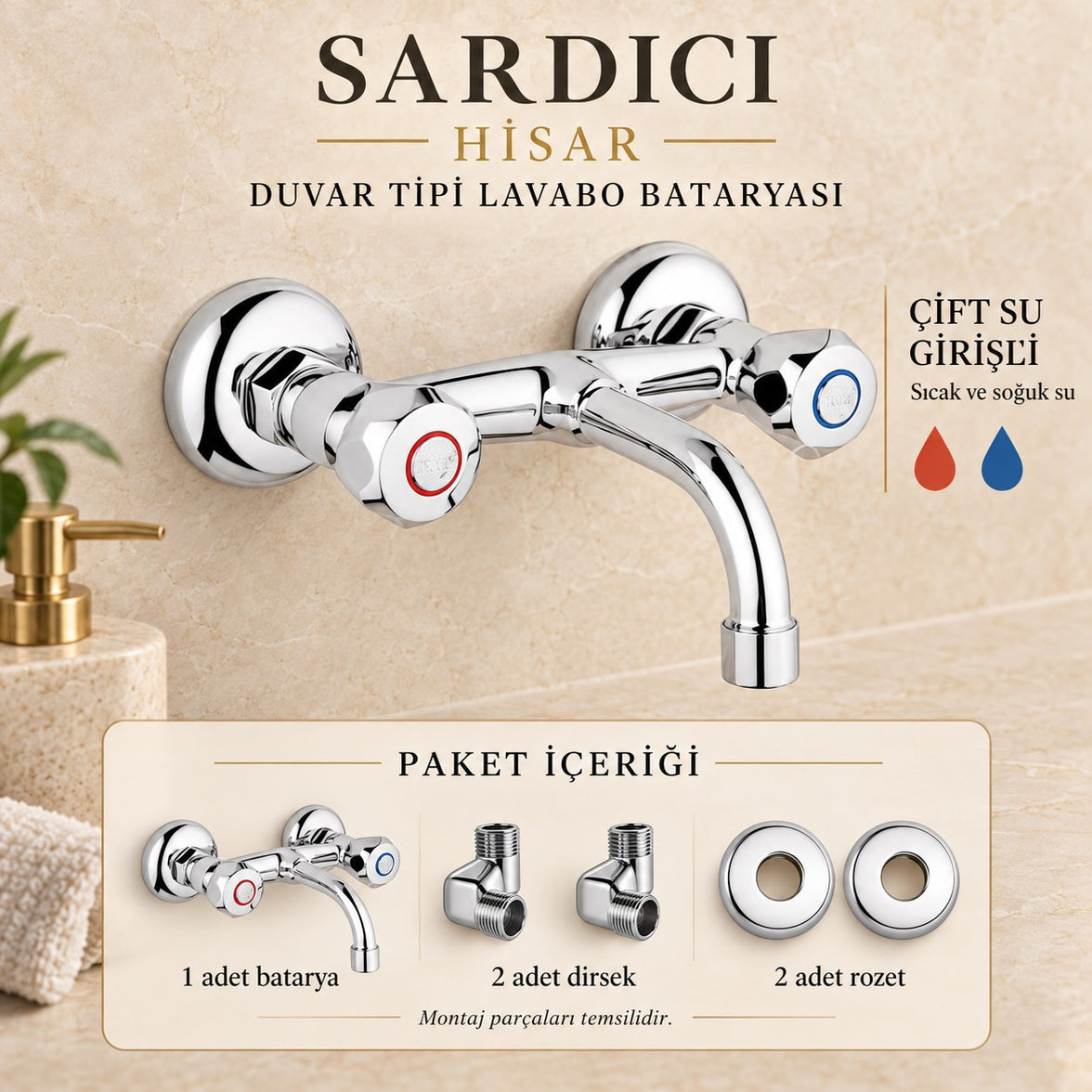 Sardıcı Hisar Krom Duvar Tipi Sabit Lavabo Bataryası Çift Su Girişli Dirsek Rozet Takımı Dahil