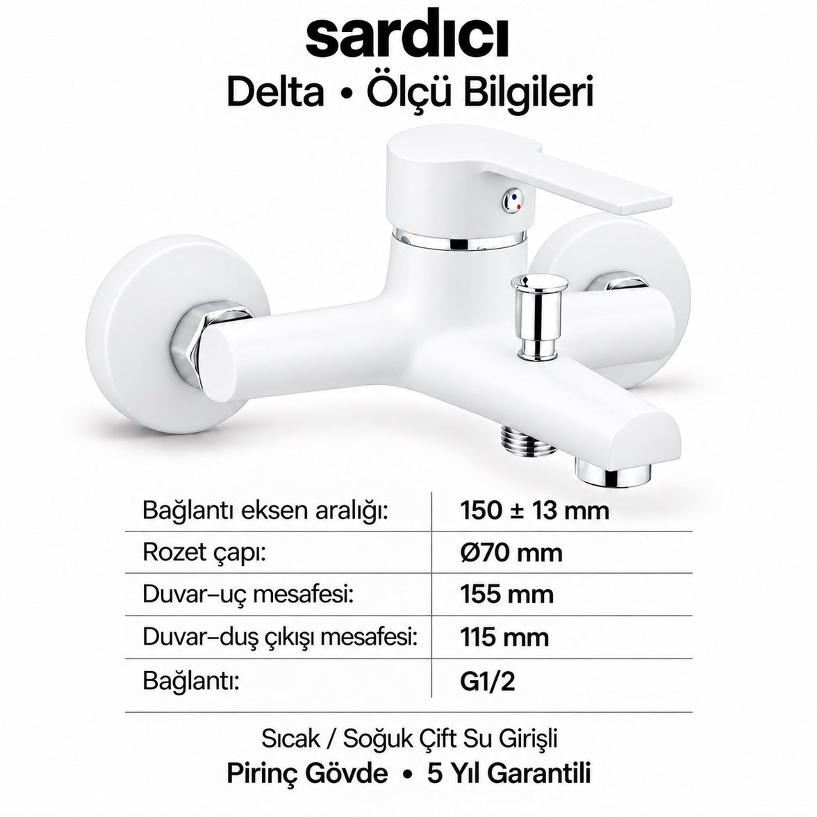 Sardıcı Delta Beyaz Pirinç Banyo Bataryası Dirsek Rozet Dahil 5 Yıl Garantili