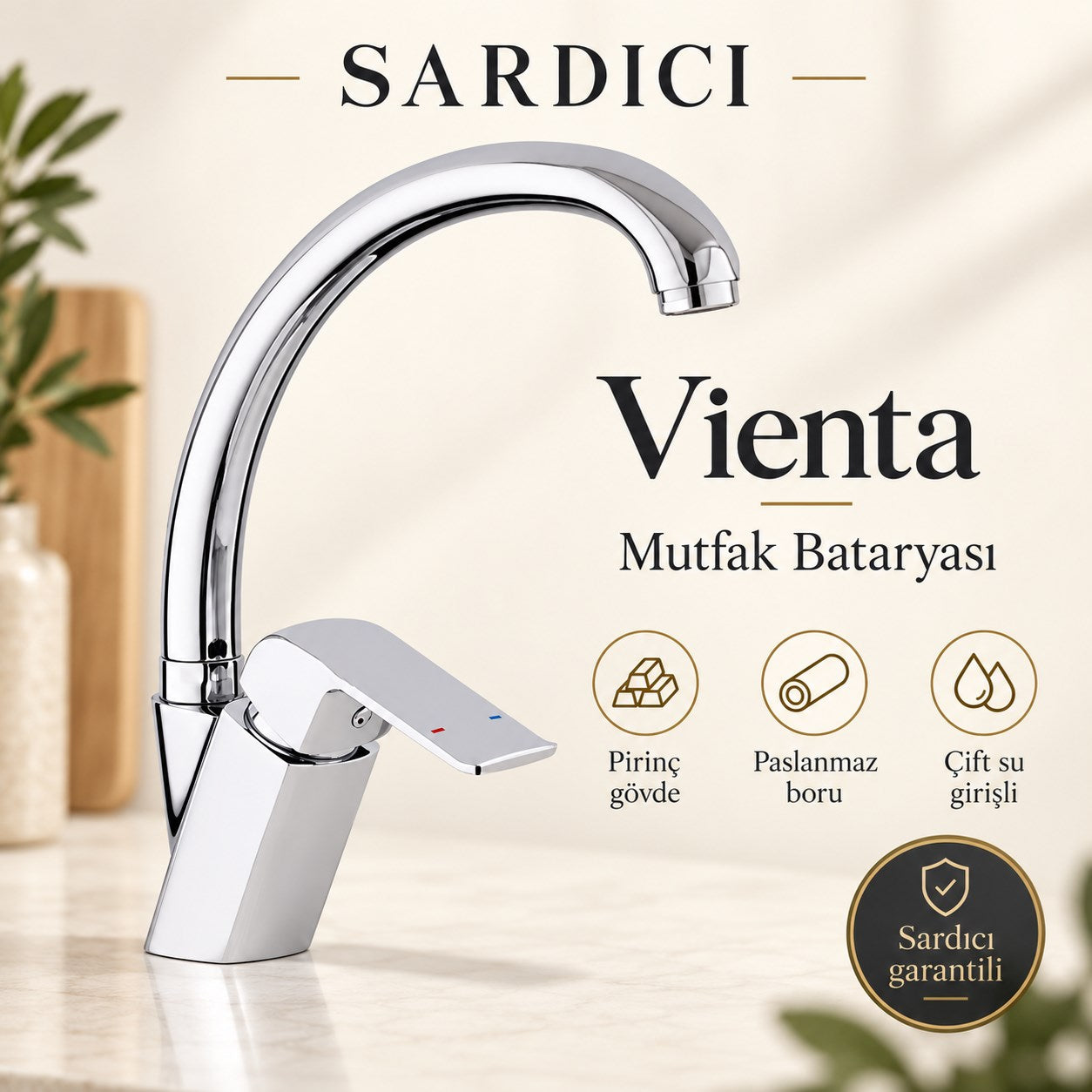 Sardıcı Vienta Mutfak Bataryası Pirinç Gövde Paslanmaz Boru Çift Su Girişli