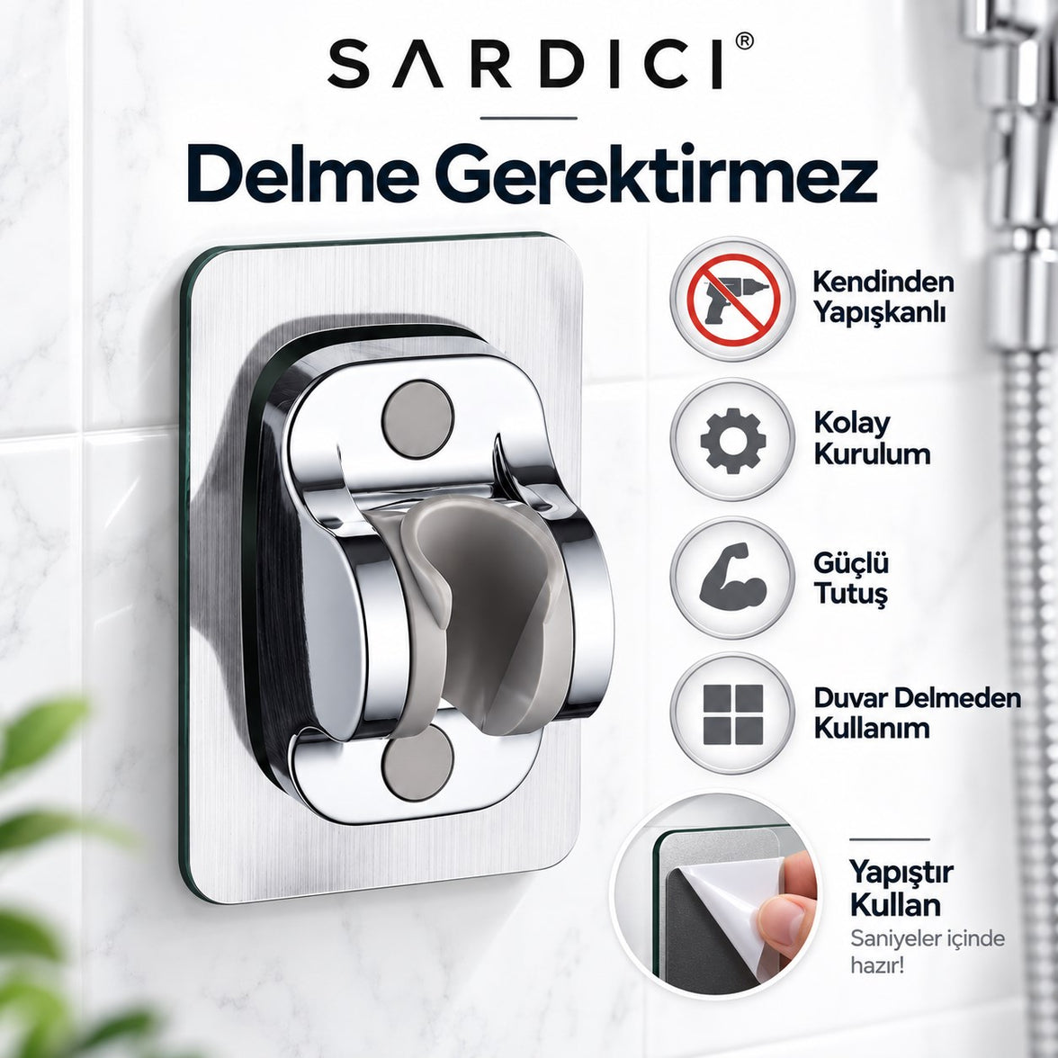 Sardıcı Krom Kendinden Yapışkanlı Duş Başlığı Askısı Ayarlanabilir Mafsallı