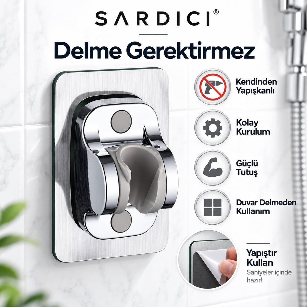 Sardıcı Krom Kendinden Yapışkanlı Duş Başlığı Askısı Ayarlanabilir Mafsallı
