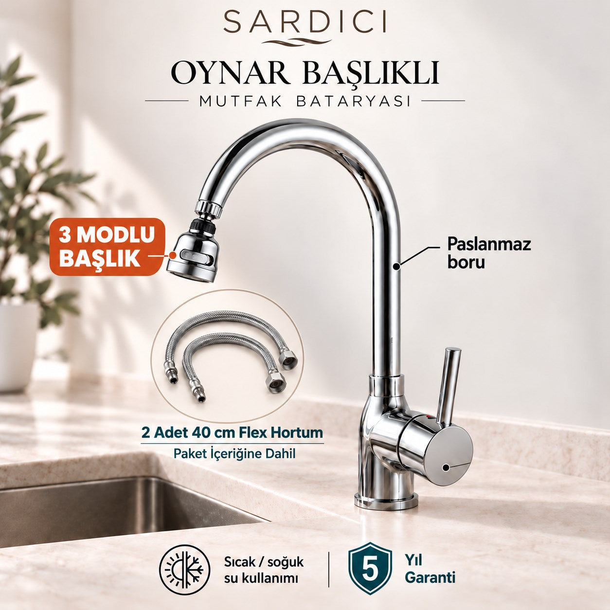 Sardıcı Akış 3 Modlu Oynar Başlıklı Mutfak Bataryası Pirinç Gövde 40 cm Flex Hortumlu 5 Yıl Garantili