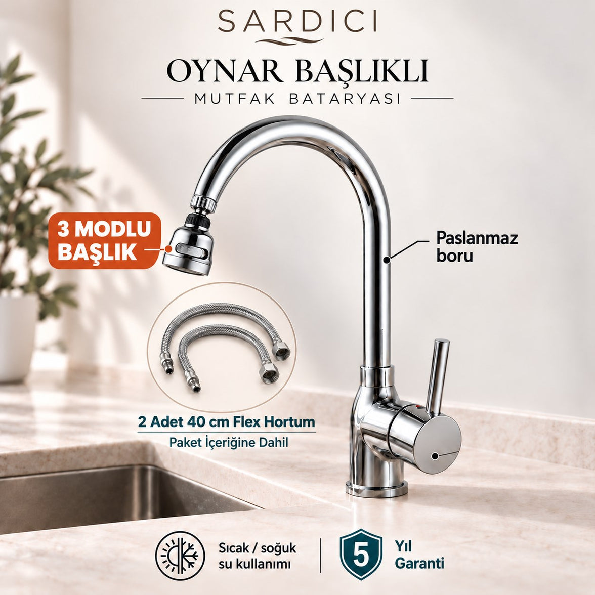 Sardıcı Akış 3 Modlu Oynar Başlıklı Mutfak Bataryası Pirinç Gövde 40 cm Flex Hortumlu 5 Yıl Garantili