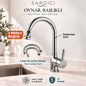 Sardıcı Akış 3 Modlu Oynar Başlıklı Mutfak Bataryası Pirinç Gövde 40 cm Flex Hortumlu 5 Yıl Garantili