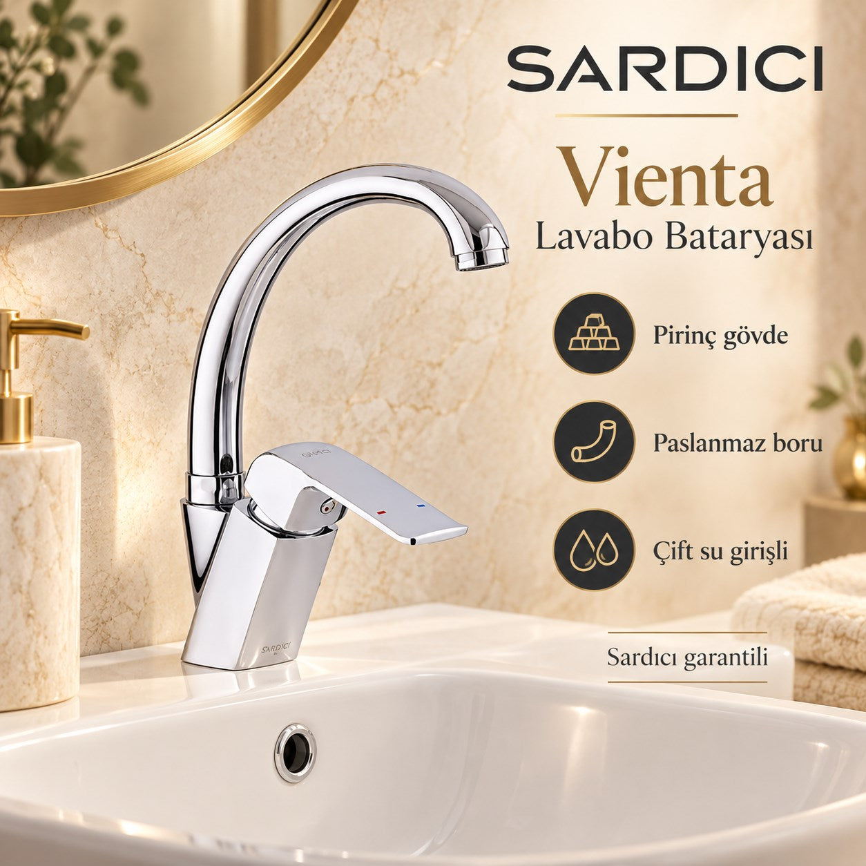 Sardıcı Vienta Lavabo Bataryası Pirinç Gövde Paslanmaz Boru Çift Su Girişli