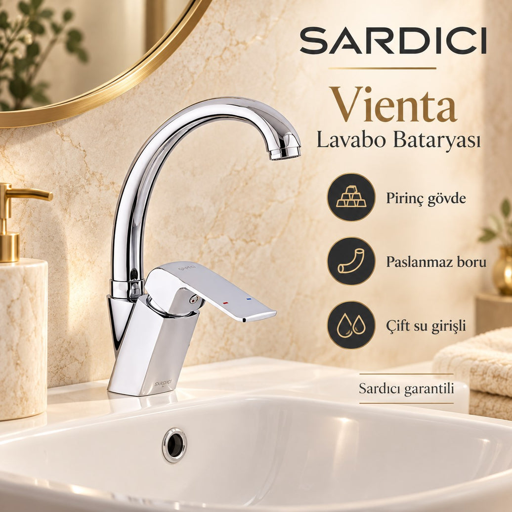 Sardıcı Vienta Lavabo Bataryası Pirinç Gövde Paslanmaz Boru Çift Su Girişli