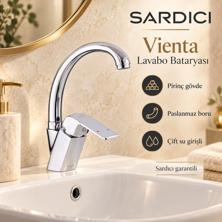 Sardıcı Vienta Lavabo Bataryası Pirinç Gövde Paslanmaz Boru Çift Su Girişli