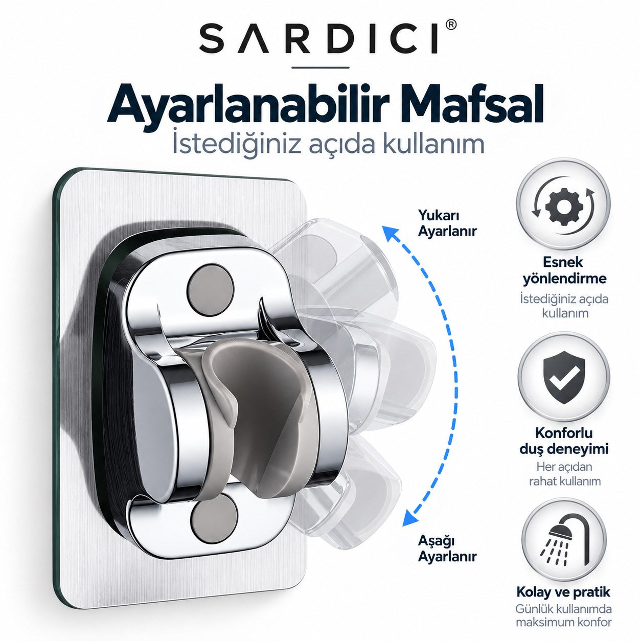 Sardıcı Krom Kendinden Yapışkanlı Duş Başlığı Askısı Ayarlanabilir Mafsallı