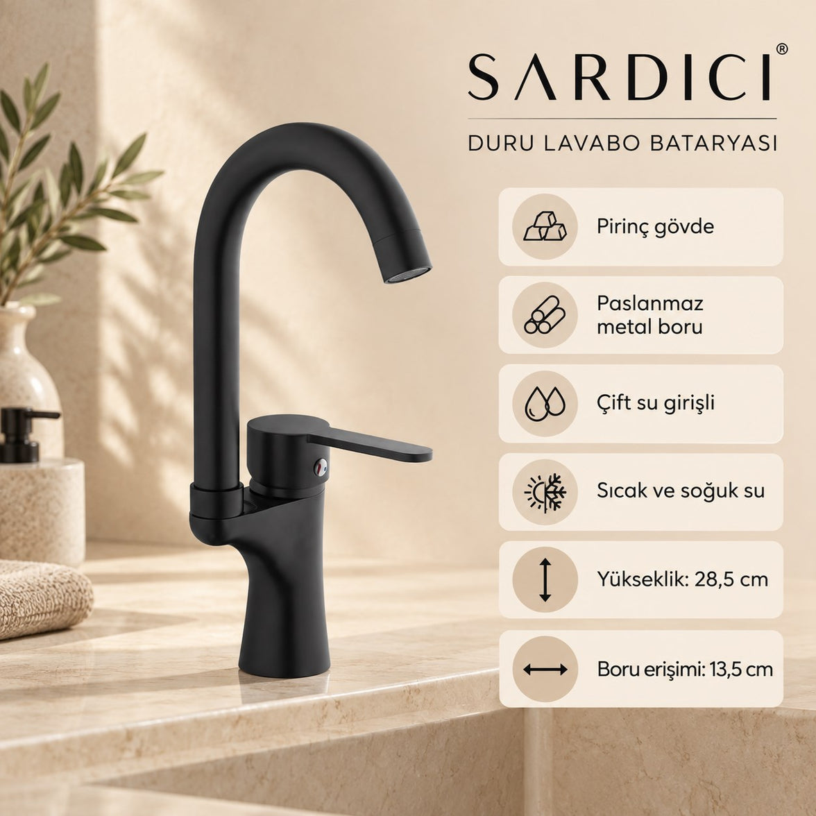 Sardıcı Duru Siyah Lavabo Bataryası Pirinç Gövde Çift Su Girişli Tam Takım