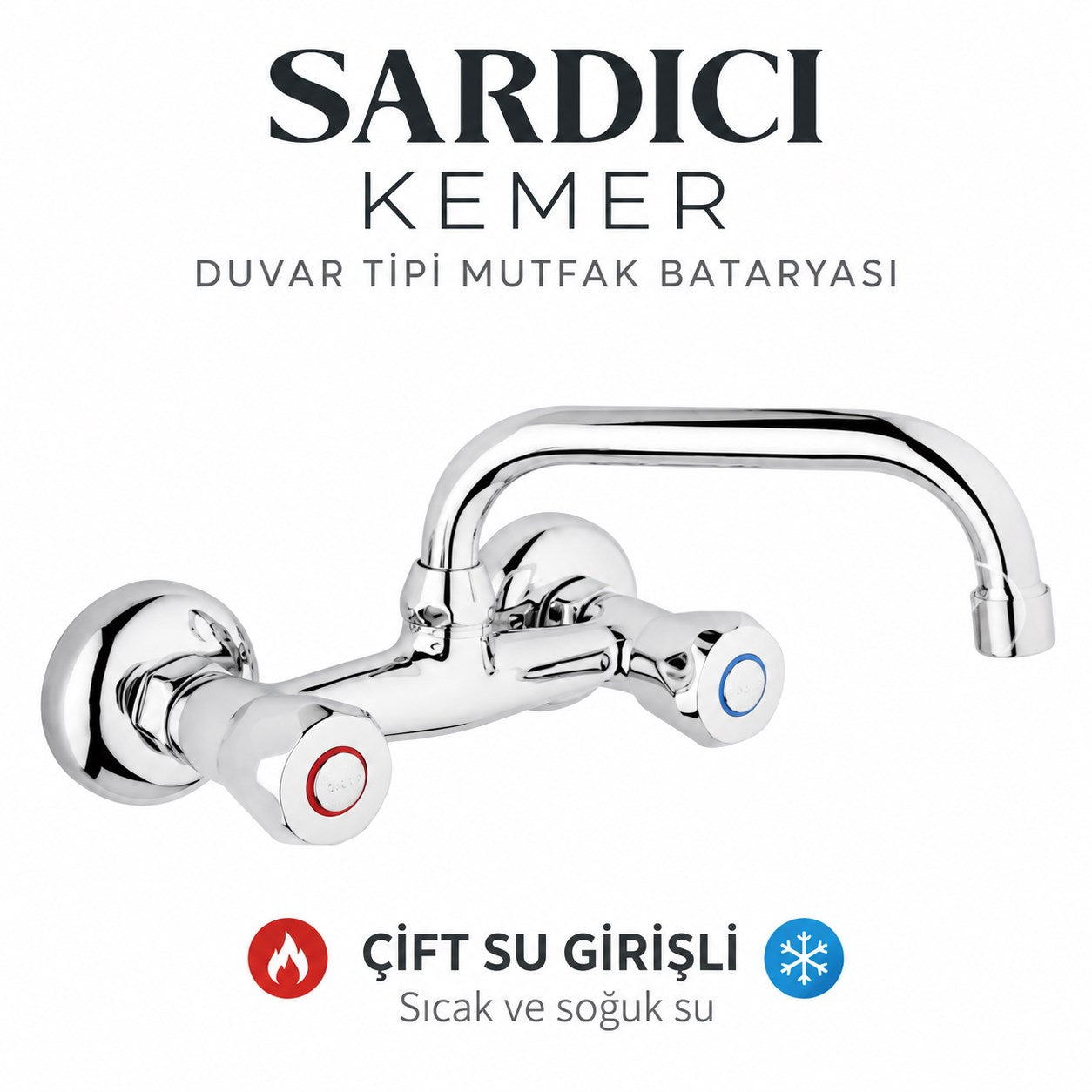 Sardıcı Kemer Krom Duvar Tipi Mutfak Evye Bataryası Çift Su Girişli Dirsek Rozet Takımı Dahil