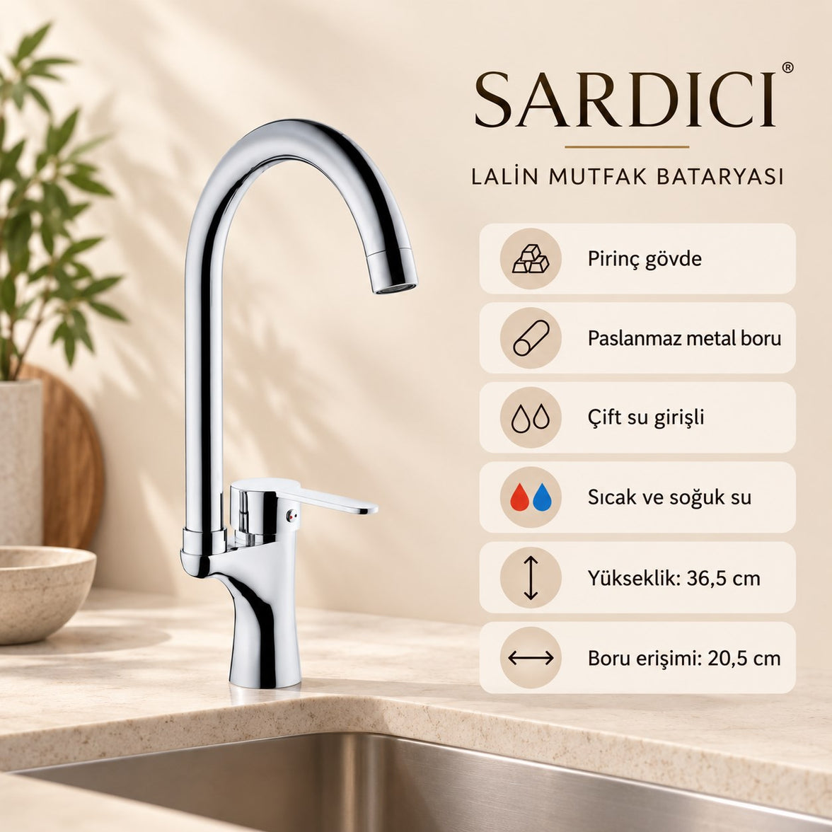 Sardıcı Lalin Mutfak Evye Bataryası Krom Pirinç Gövde Çift Su Girişli Tam Takım