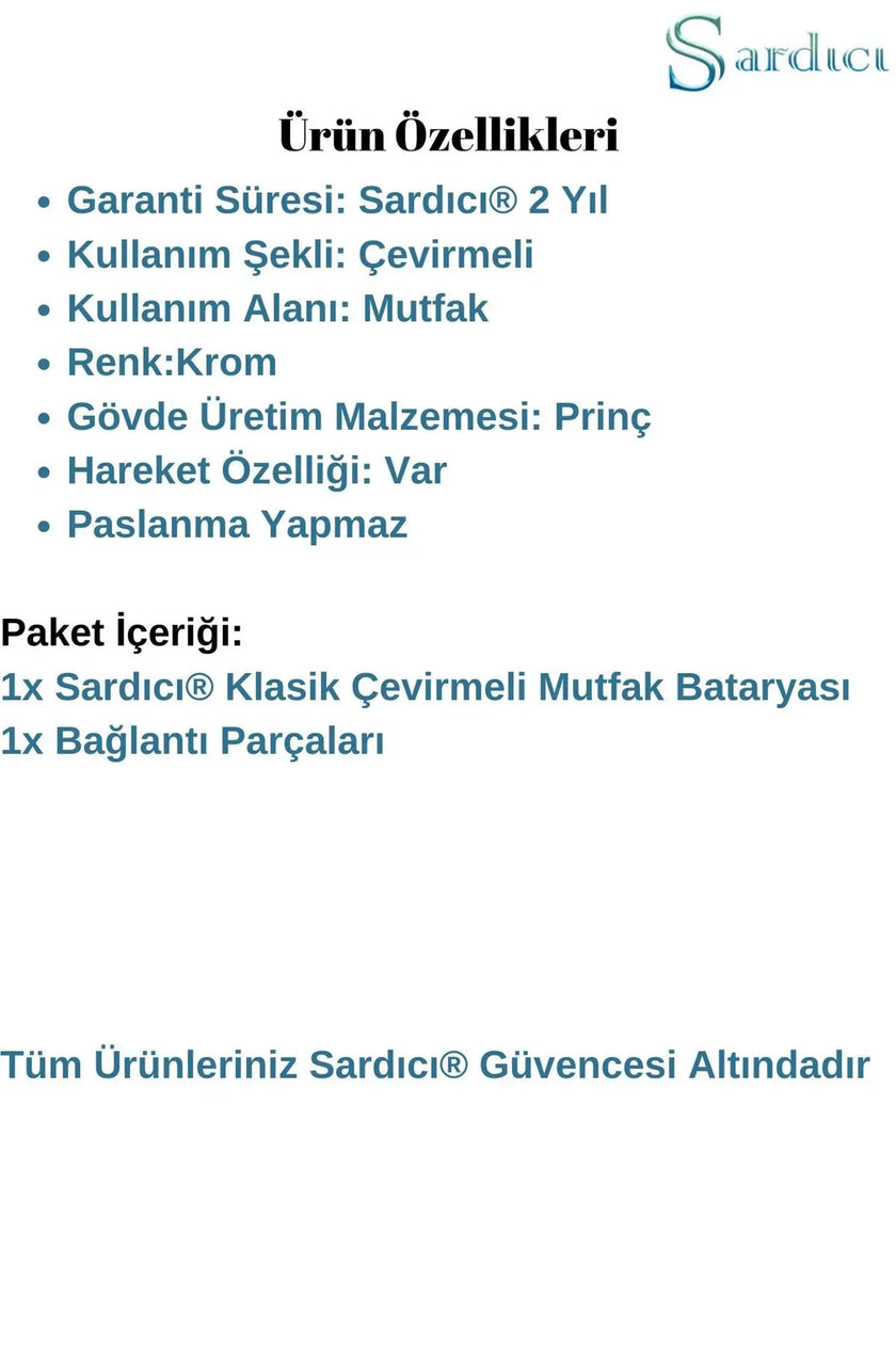 Sardıcı Duvardan Aplike Mutfak Bataryası Çift Su Girişli 5 Yıl Garantili