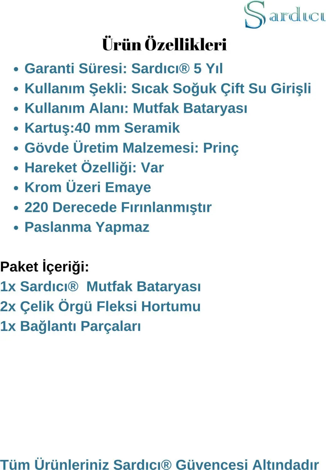 Sardıcı  Krom Mutfak Bataryası Çift Su Girişli 5 Yıl Garantili