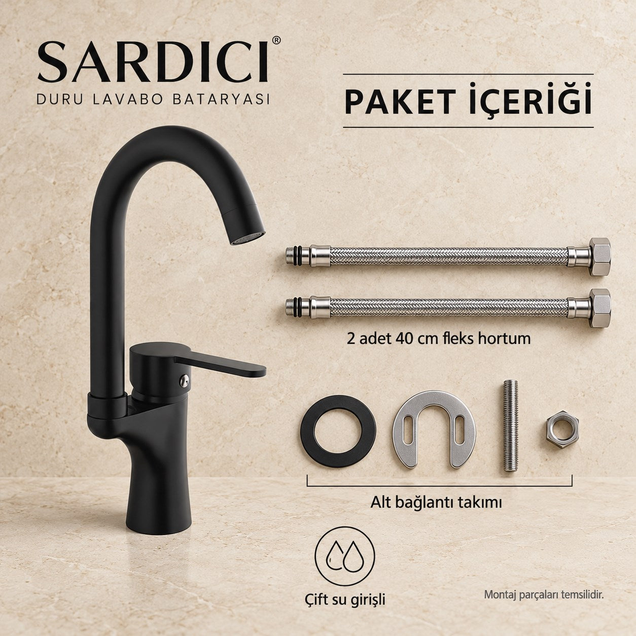 Sardıcı Duru Siyah Lavabo Bataryası Pirinç Gövde Çift Su Girişli Tam Takım