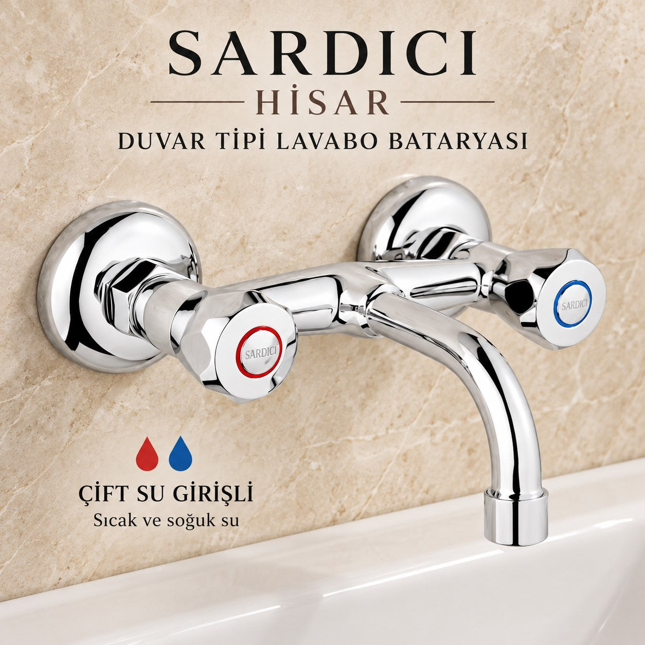 Sardıcı Hisar Krom Duvar Tipi Sabit Lavabo Bataryası Çift Su Girişli Dirsek Rozet Takımı Dahil