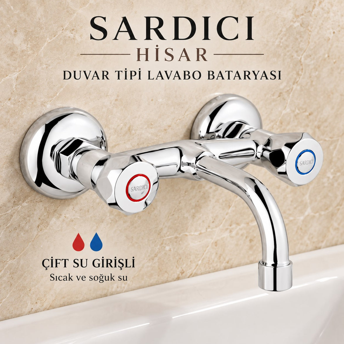Sardıcı Hisar Krom Duvar Tipi Sabit Lavabo Bataryası Çift Su Girişli Dirsek Rozet Takımı Dahil