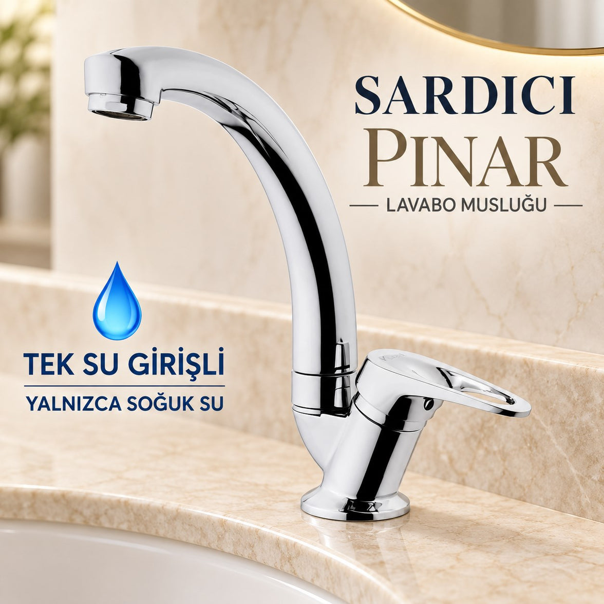 Sardıcı Pınar Krom Lavabo Musluğu Tek Su Girişli Yalnızca Soğuk Su Tam Takım