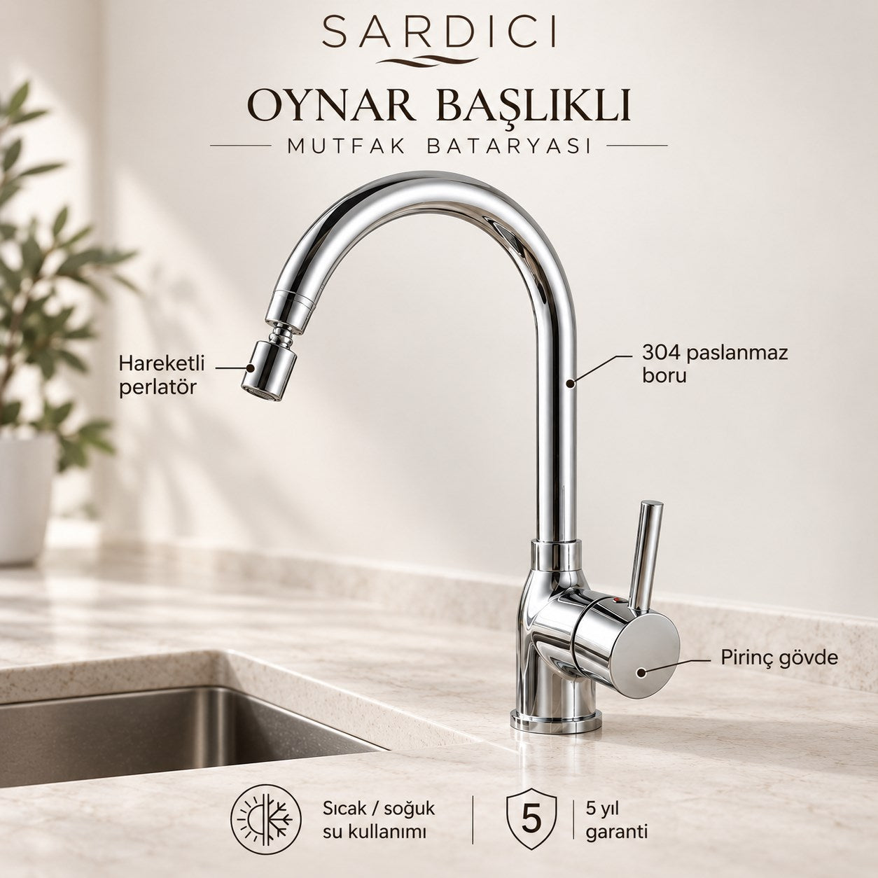 Sardıcı Akış Oynar Başlıklı Mutfak Bataryası 40 cm 304 Flex Hortumlu Pirinç Gövde 5 Yıl Garantili