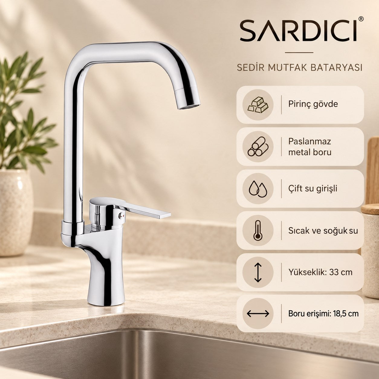 Sardıcı Sedir Mutfak Evye Bataryası Krom Pirinç Gövde Çift Su Girişli Tam Takım