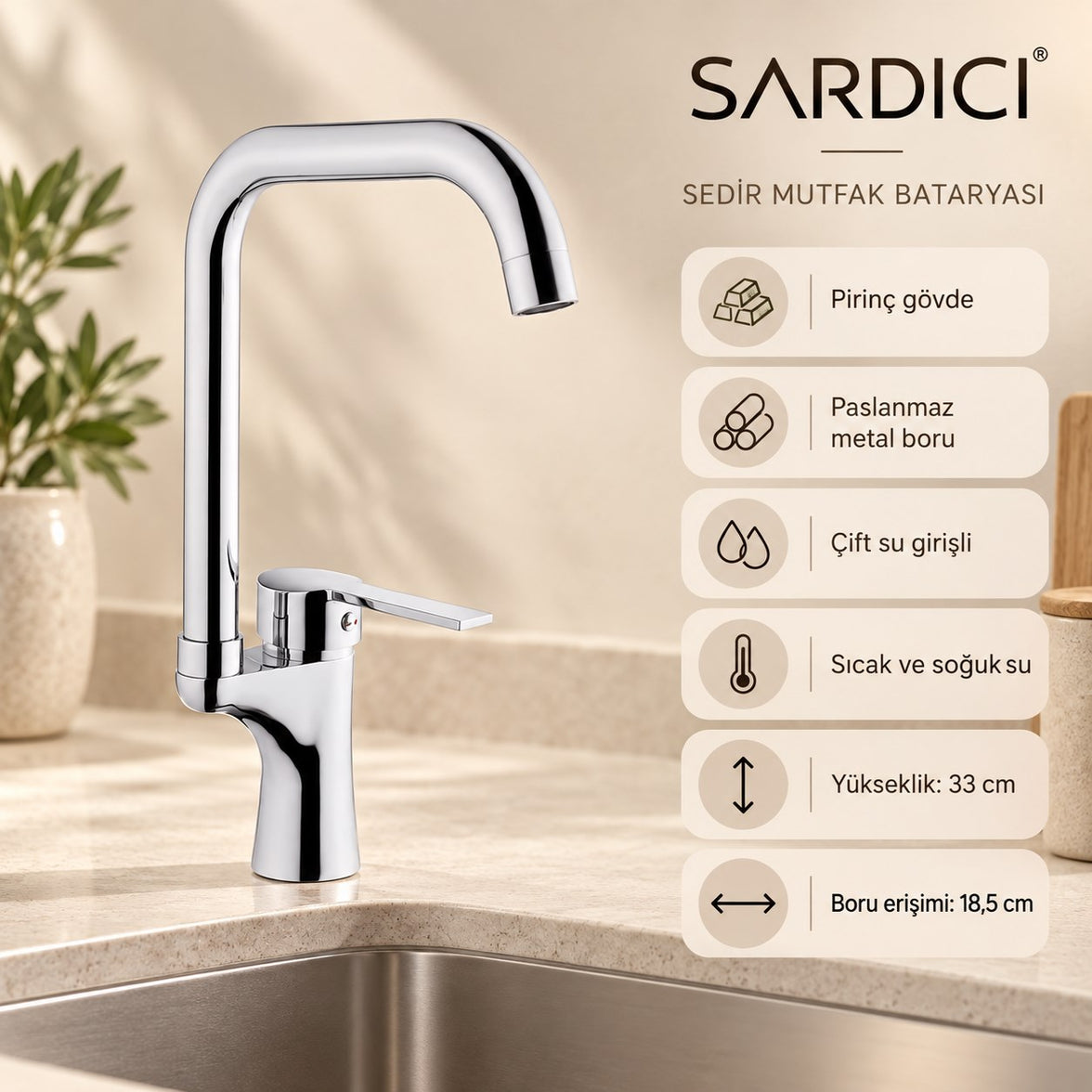 Sardıcı Sedir Mutfak Evye Bataryası Krom Pirinç Gövde Çift Su Girişli Tam Takım