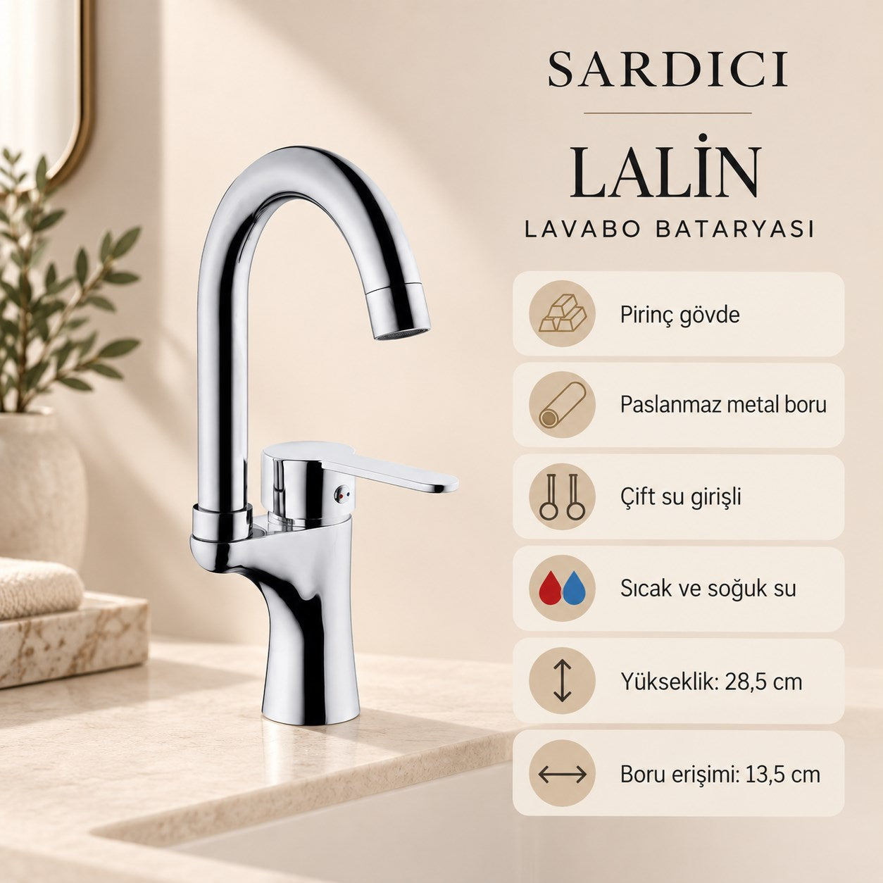 Sardıcı Lalin Lavabo Bataryası Krom Pirinç Gövde Çift Su Girişli Tam Takım
