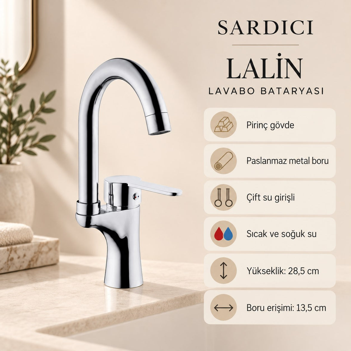 Sardıcı Lalin Lavabo Bataryası Krom Pirinç Gövde Çift Su Girişli Tam Takım