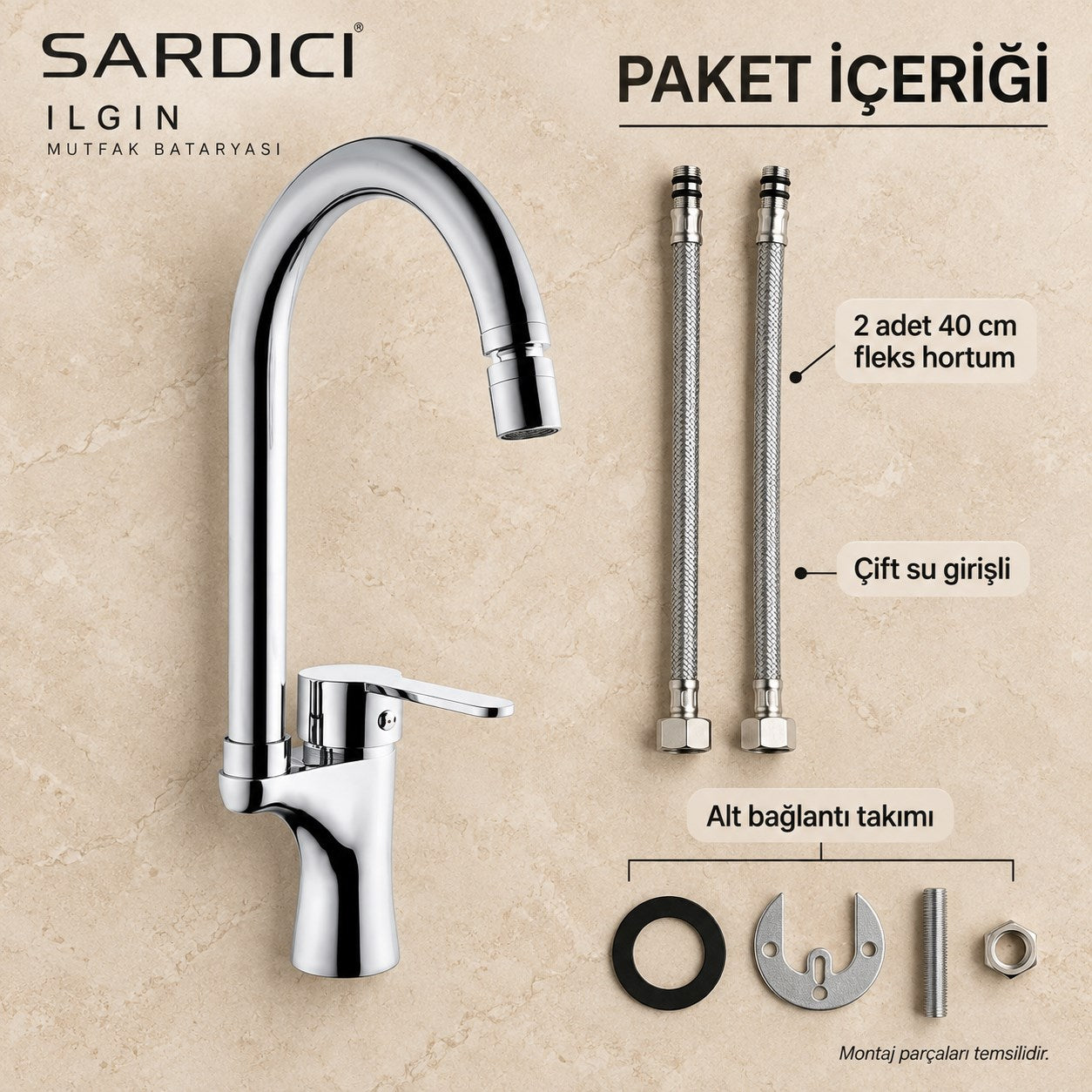 Sardıcı Ilgın Oynar Başlıklı Mutfak Bataryası Krom Pirinç Gövde Çift Su Girişli