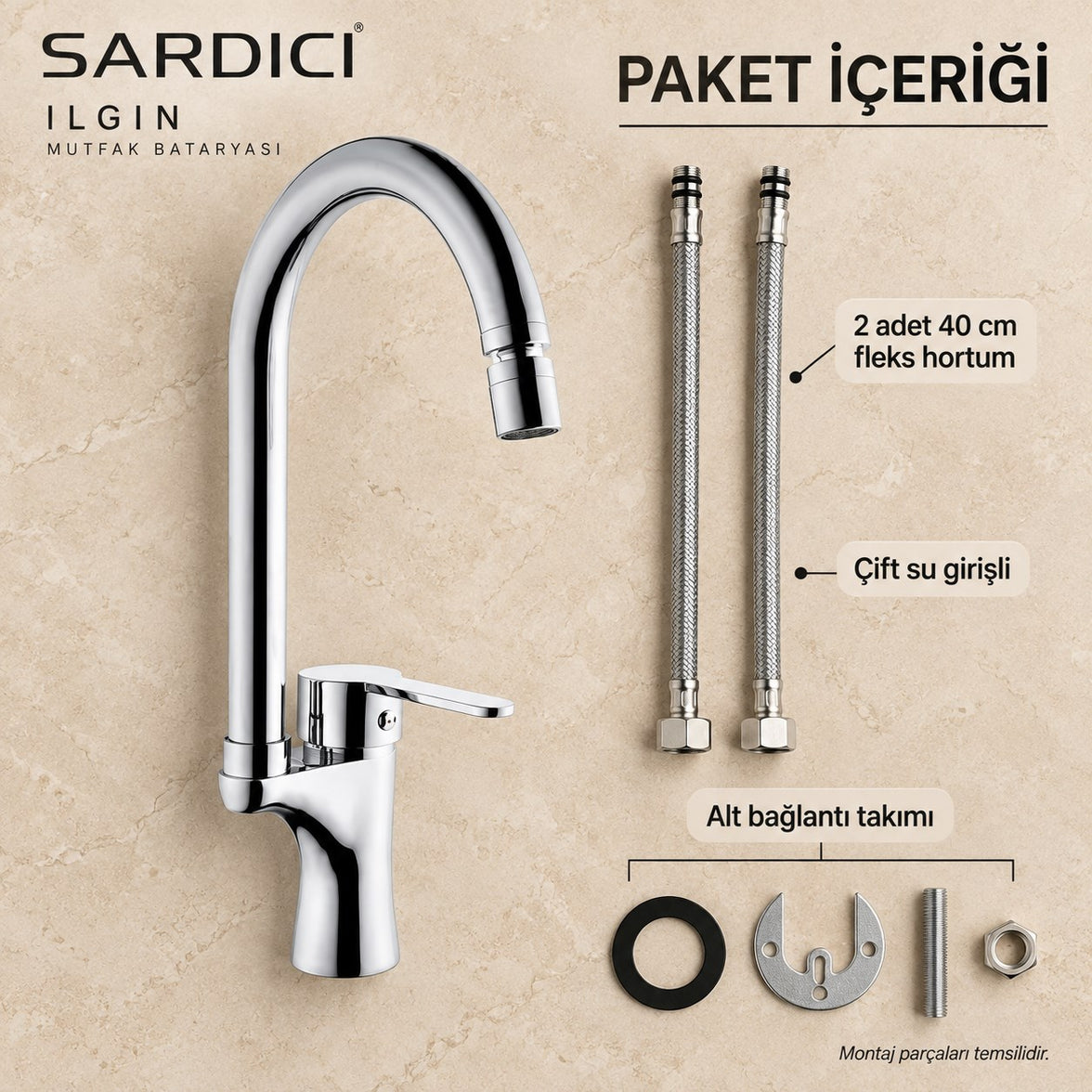 Sardıcı Ilgın Oynar Başlıklı Mutfak Bataryası Krom Pirinç Gövde Çift Su Girişli