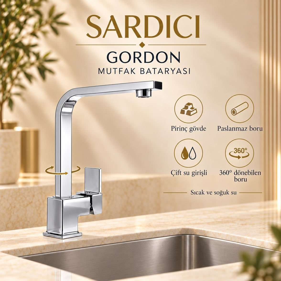 Sardıcı Gordon 3’lü Mutfak Lavabo Banyo Batarya Seti Pirinç Gövde Çift Su Girişli