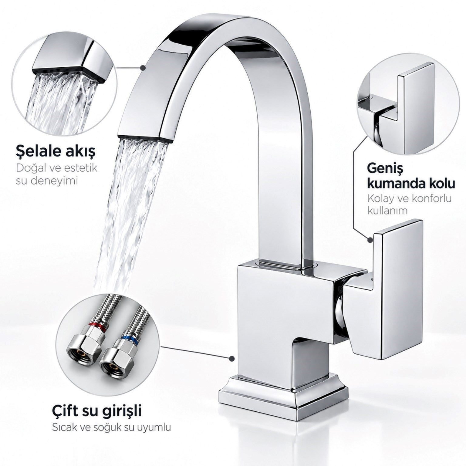 Sardıcı Şelale Lavabo Bataryası Krom Çift Su Girişli 5 Yıl Garantili