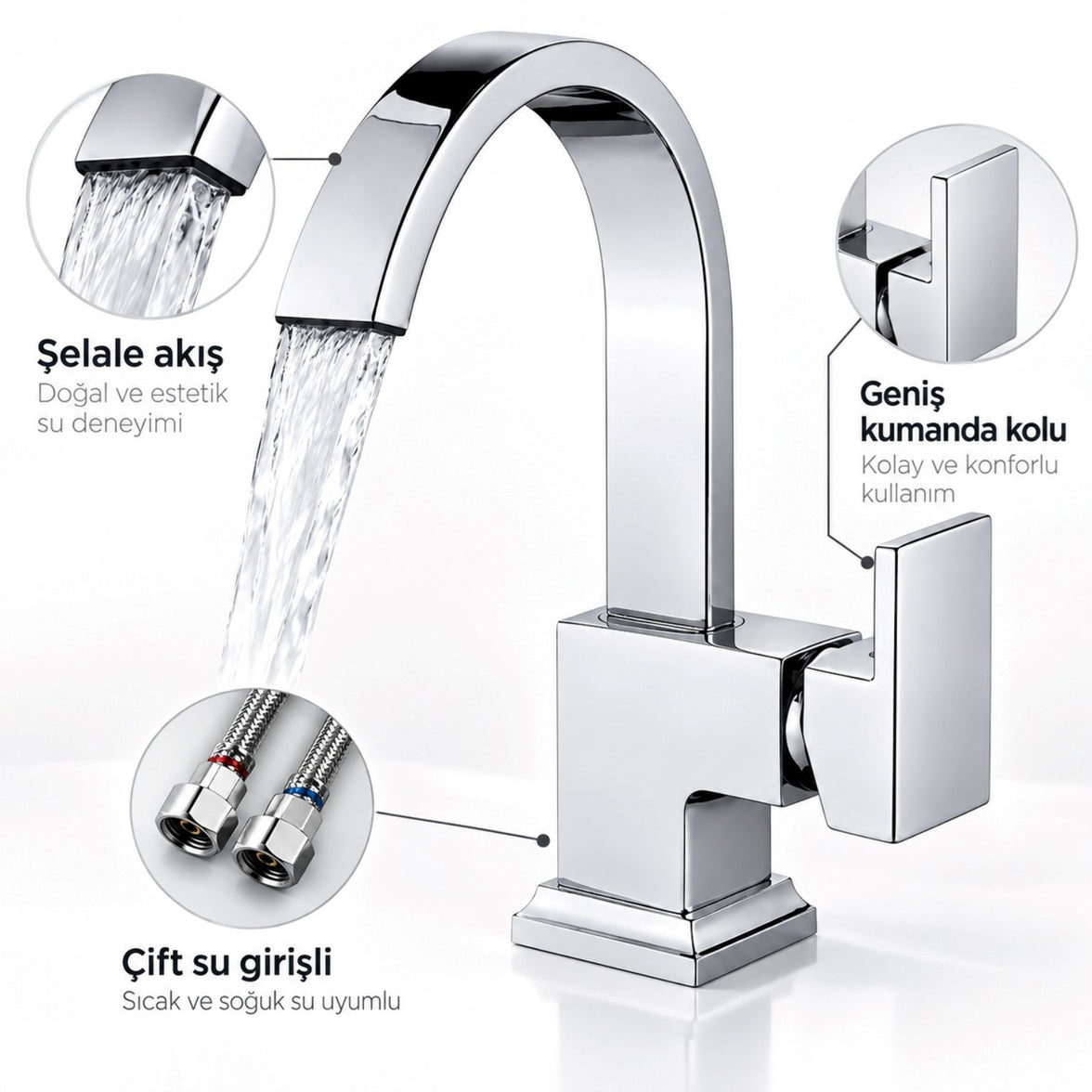 Sardıcı Şelale Lavabo Bataryası Krom Çift Su Girişli 5 Yıl Garantili