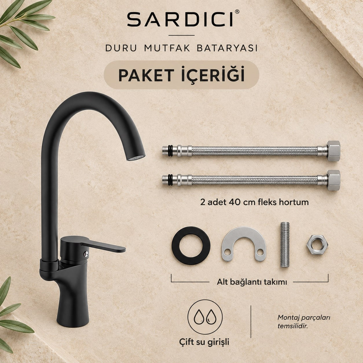 Sardıcı Duru Siyah Mutfak Evye Bataryası Pirinç Gövde Çift Su Girişli Tam Takım