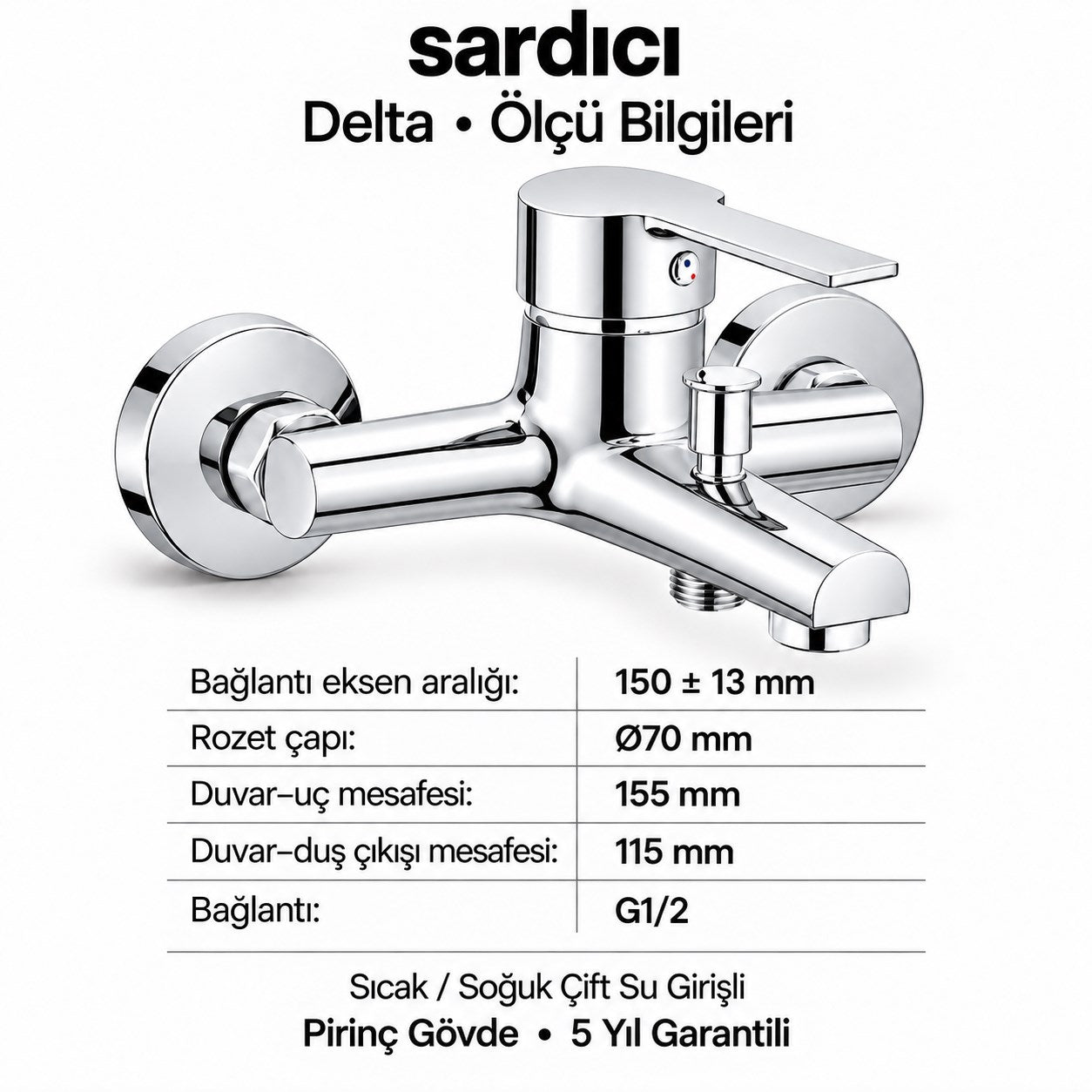 Sardıcı Delta Krom Pirinç Banyo Bataryası Dirsek Rozet Dahil 5 Yıl Garantili