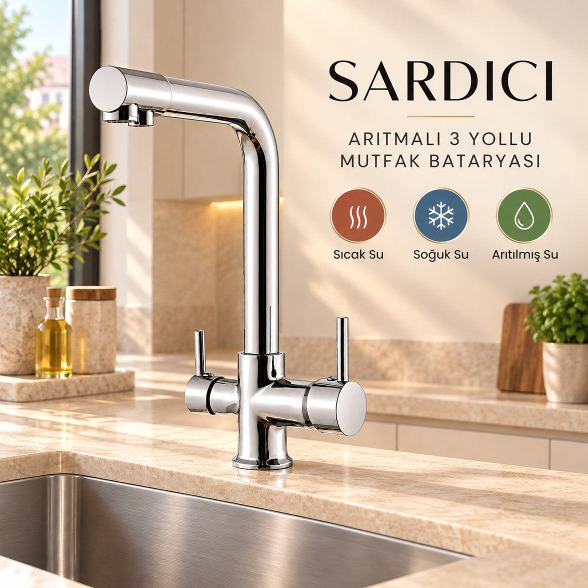 Sardıcı Arıtma Bağlantılı 3 Yollu Çift Kumandalı Mutfak Bataryası