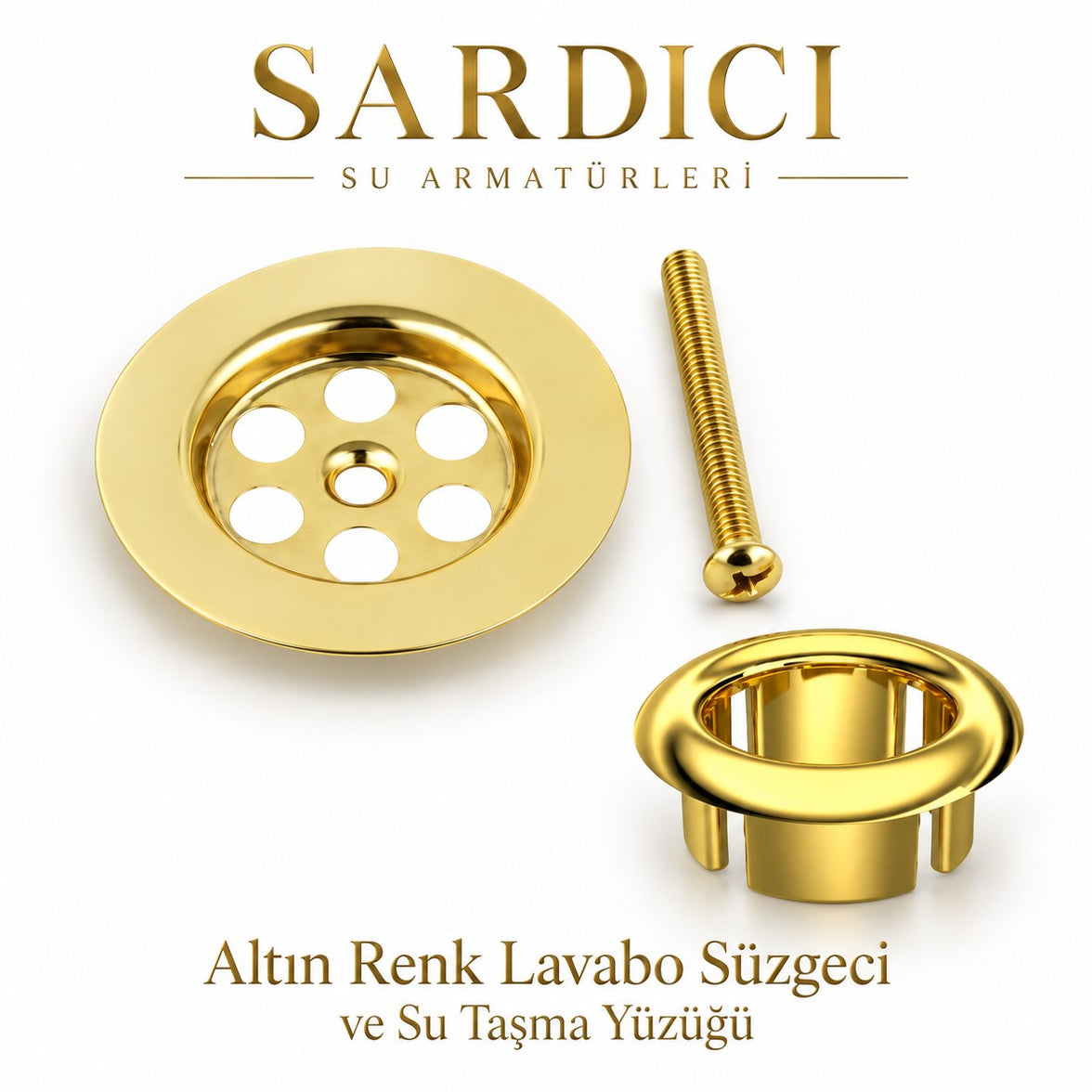 Sardıcı Altın Renk Lavabo Süzgeci ve Su Taşma Yüzüğü Seti