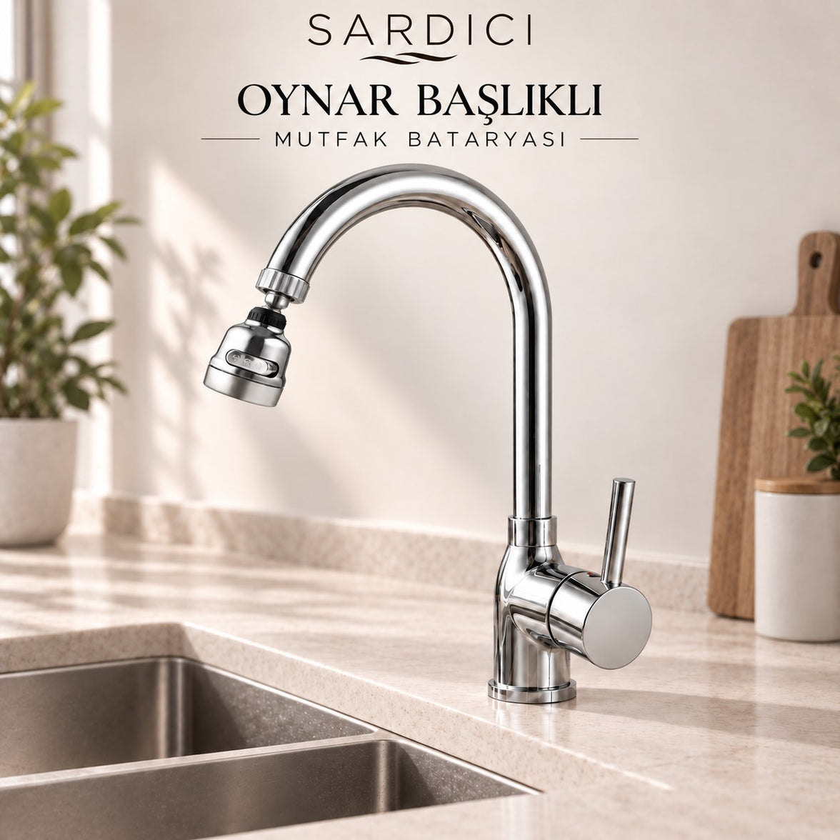 Sardıcı Akış 3 Modlu Oynar Başlıklı Mutfak Bataryası Pirinç Gövde 40 cm Flex Hortumlu 5 Yıl Garantili