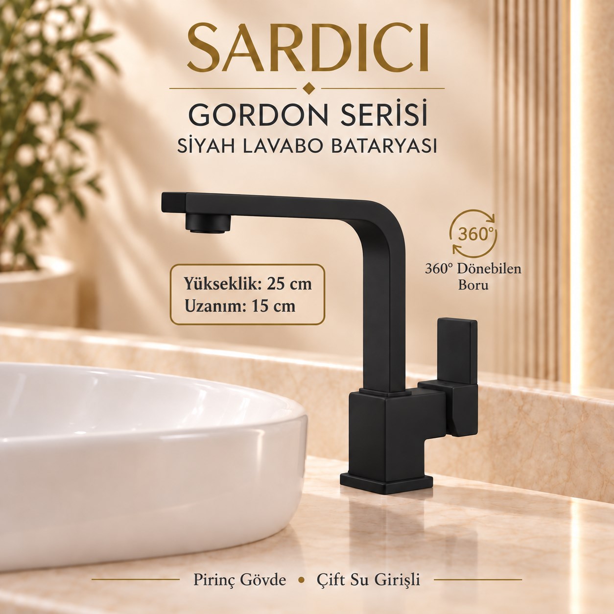 Sardıcı Gordon Mat Siyah 3’lü Mutfak Lavabo Banyo Batarya Seti Dirsek Takımı Dahil