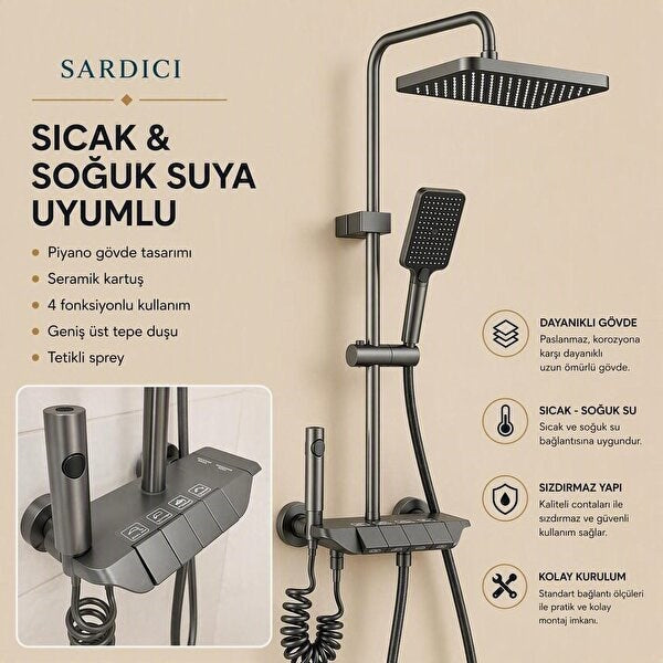 Sardıcı Piano 4 Fonksiyonlu Antrasit Banyo Bataryası ve Tepe Duş Seti