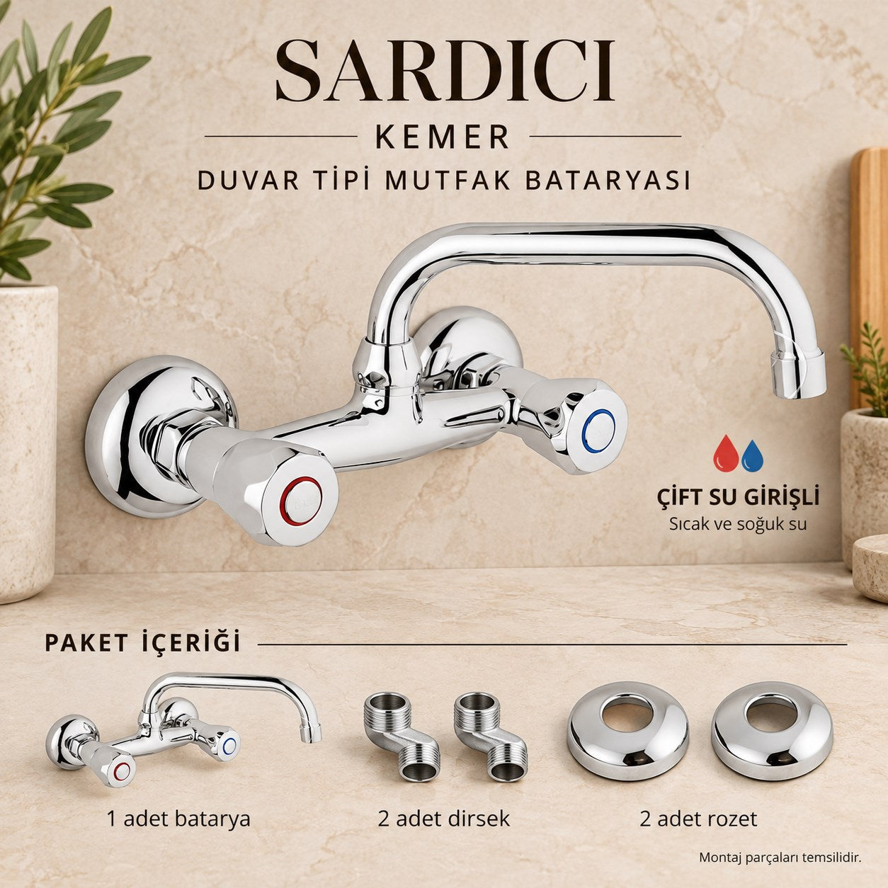 Sardıcı Kemer Krom Duvar Tipi Mutfak Evye Bataryası Çift Su Girişli Dirsek Rozet Takımı Dahil