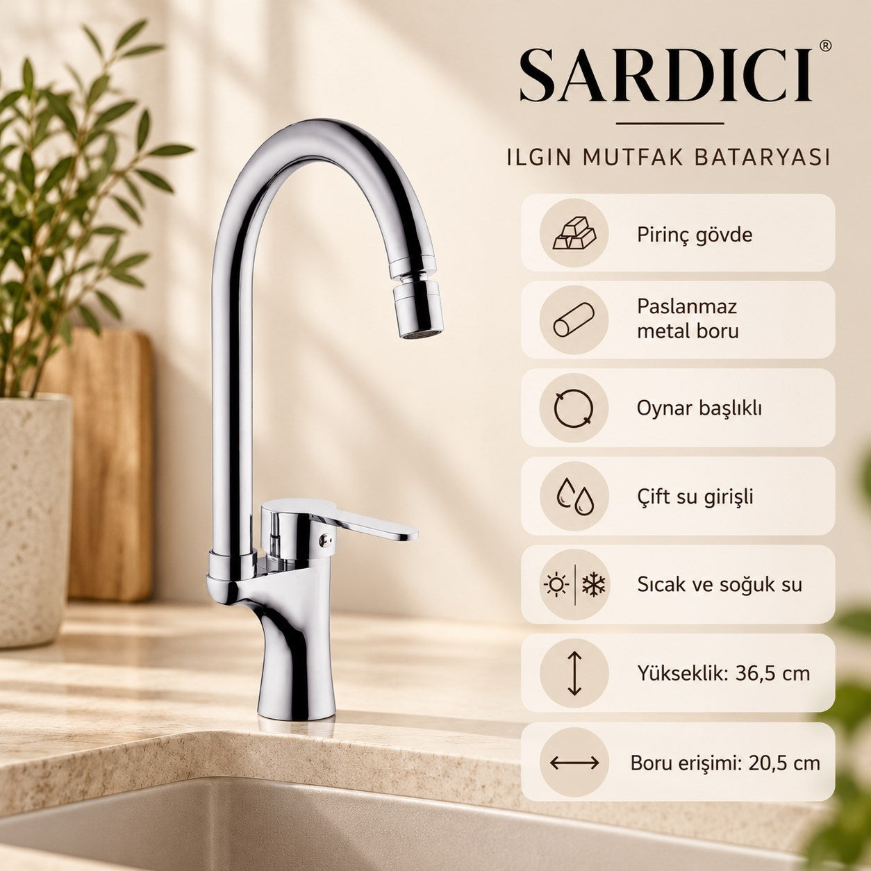 Sardıcı Ilgın Oynar Başlıklı Mutfak Bataryası Krom Pirinç Gövde Çift Su Girişli