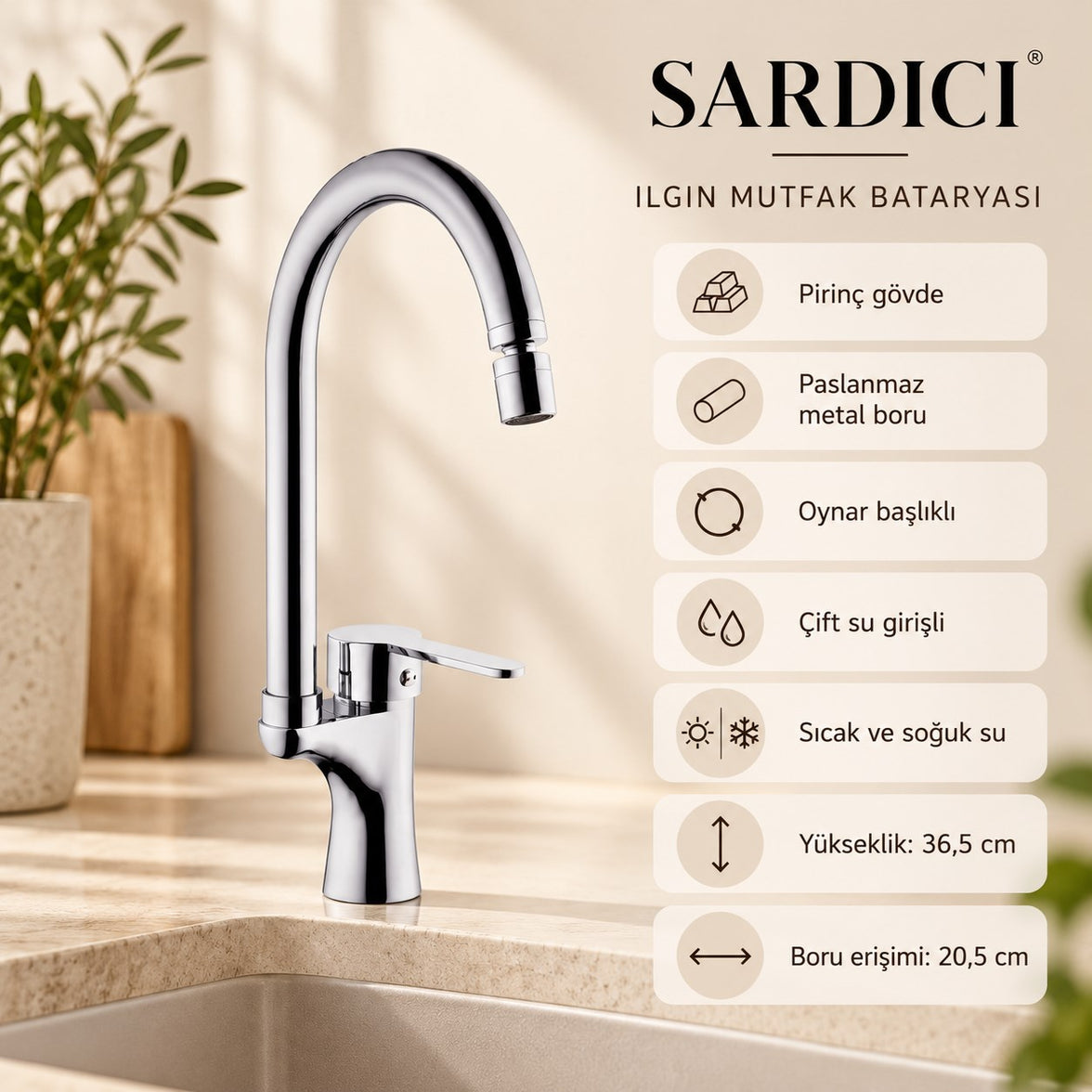 Sardıcı Ilgın Oynar Başlıklı Mutfak Bataryası Krom Pirinç Gövde Çift Su Girişli