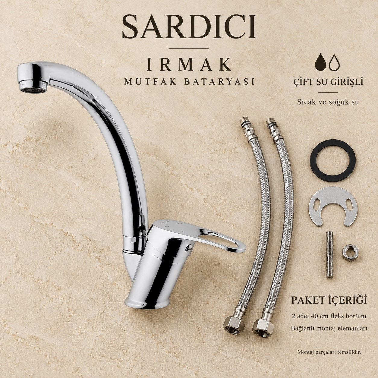 Sardıcı Irmak Krom Uzun Borulu Mutfak Evye Bataryası Çift Su Girişli Tam Takım