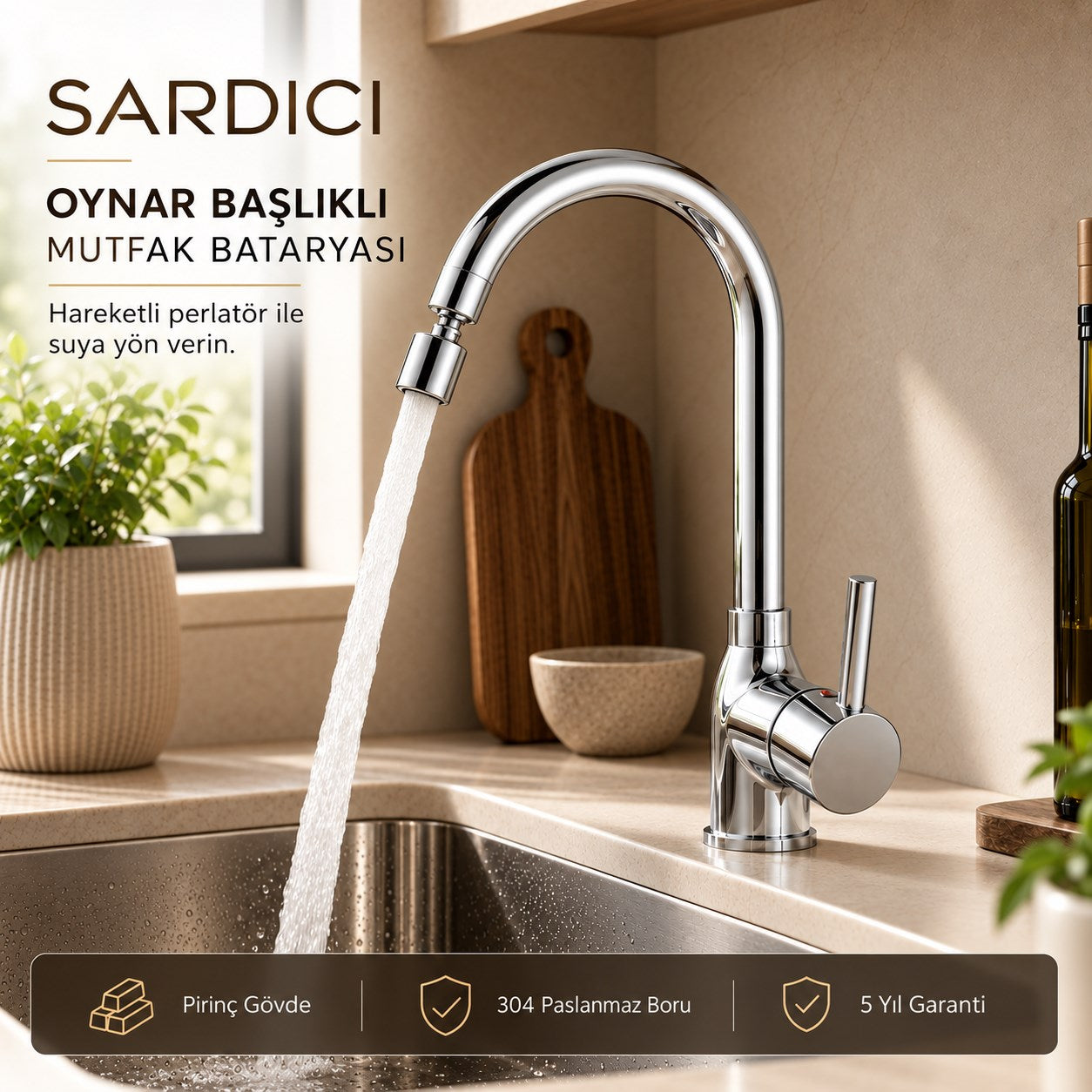 Sardıcı Akış Oynar Başlıklı Mutfak Bataryası 40 cm 304 Flex Hortumlu Pirinç Gövde 5 Yıl Garantili